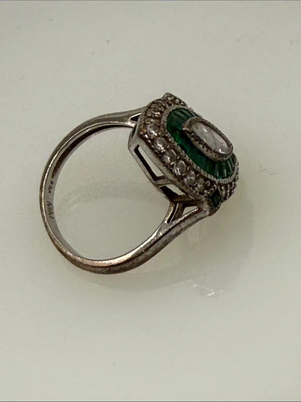 Emerald color Halo Marquise Ring Green & White art deco Statement 925 stamp Sz 5